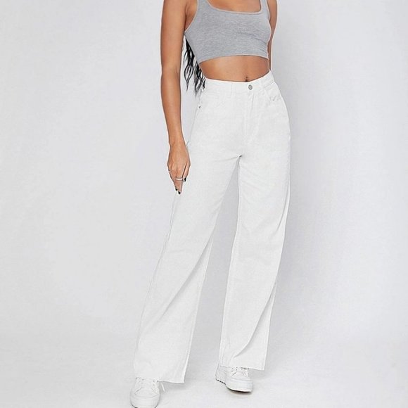 . Pants - White Casual Womens 90s High-Waist Denim Boyfriend Fit Jeans